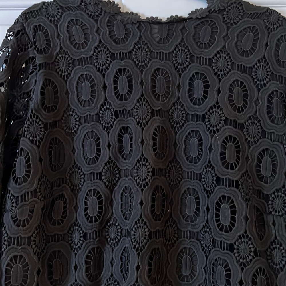 Plus Size Eloqui Black Romper with Lace Detail Bodice.  Long sleeve.